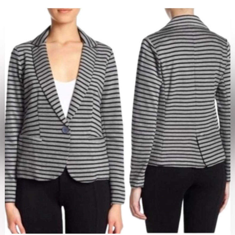 Olivia Moon Black and Gray Striped Knit Blazer  Medium